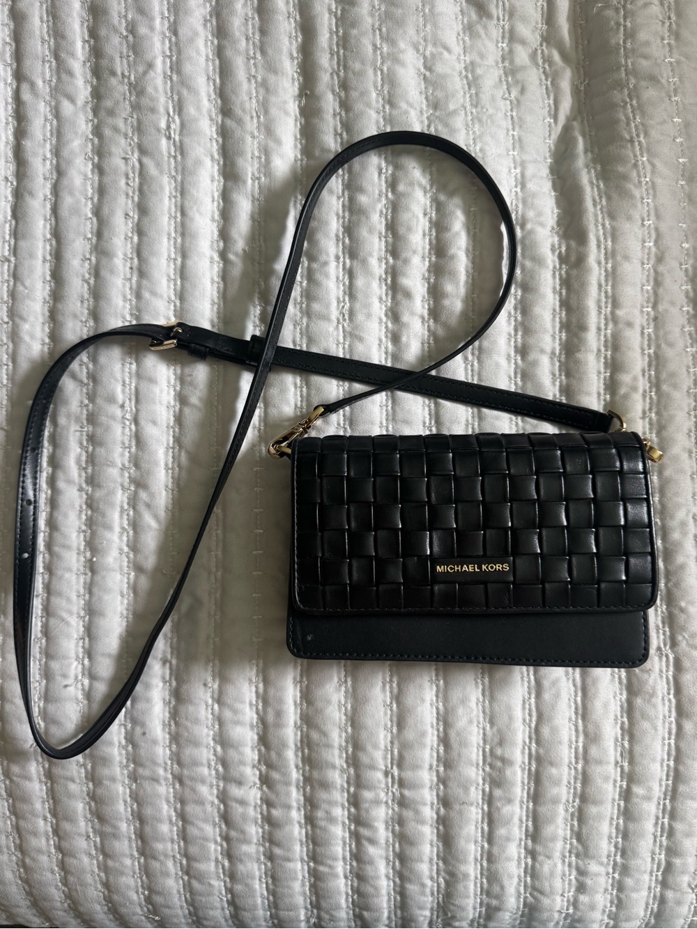 Michael Kors Black Woven Leather Crossbody with Gold Hardware